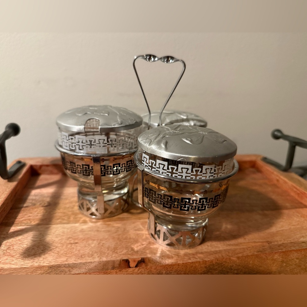 Vintage MCM Libbey Triple Condiment Set W/Metal Caddy And Silver Lids